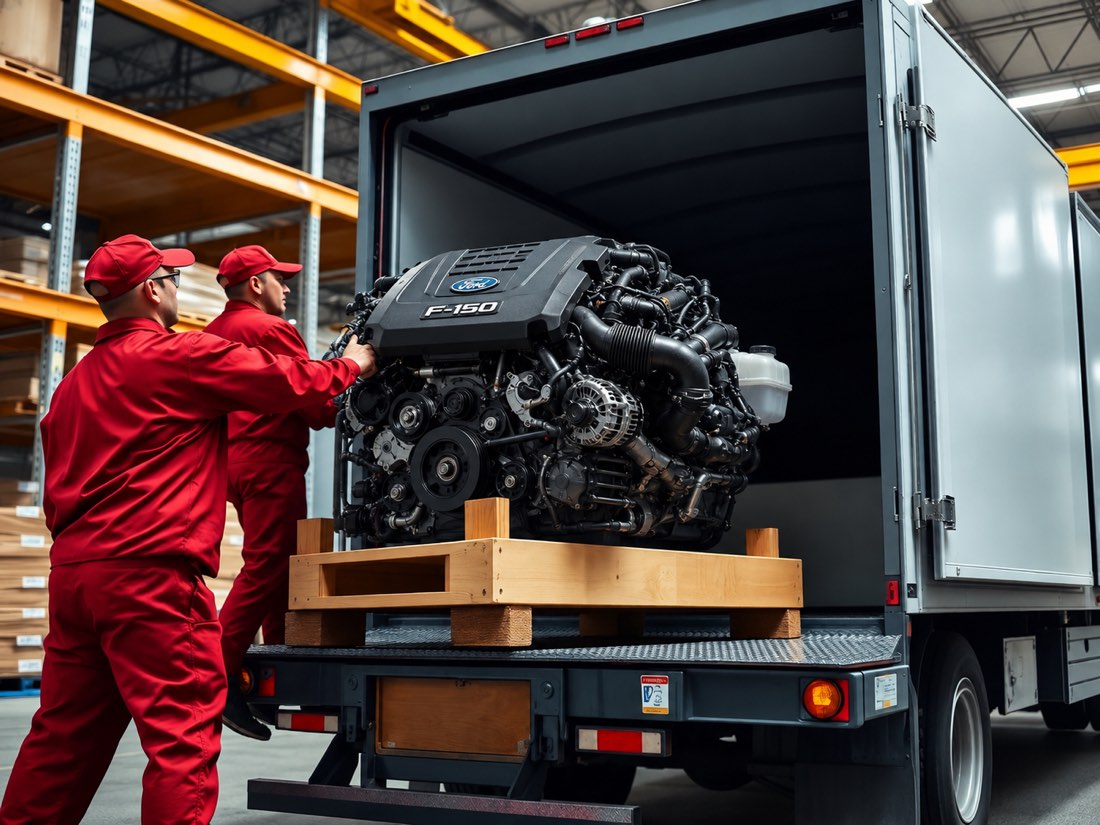 Used engine being loaded onto a delivery truck